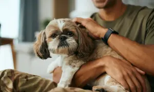 Miły Shih Tzu w ramionach mężczyzny. Zastanawiasz się, ile to ludzkich lat?
