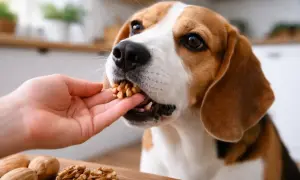 Beagle zjada orzechy włoskie z ręki. Pies zjadł łupiny orzecha włoskiego, ale to tylko smaczne kąski.