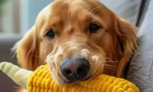 Złoty retriever z zabawką w kształcie kolby kukurydzy. Czy pies może jeść kukurydzę? Tak, ale z umiarem.