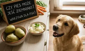 Złoty retriever z zaciekawieniem patrzy na miseczkę puree ziemniaczanego. Tabliczka pyta: "Czy pies może jeść ziemniaki?".