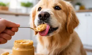 Słodki golden retriever oblizuje łyżeczkę z masłem orzechowym dla psa.