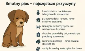 Ilustracja przedstawia smutnego psa, który może cierpieć na depresję. Przyczyny to m.in. samotność, zmiany w otoczeniu, brak ruchu, choroby.
