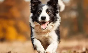 Szczęśliwy border collie pędzi przez jesienny las. Czy EPA i DHA to jego ulubione suplementy?