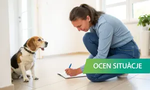 Kobieta ocenia sytuację, notując coś na kartce, podczas gdy pies czeka cierpliwie, zastanawiając się, ile pies może nie jeść.