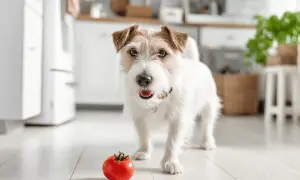 Uroczy piesek w kuchni zastanawia się, czy pies może jeść pomidory. Obok niego leży czerwony pomidor.