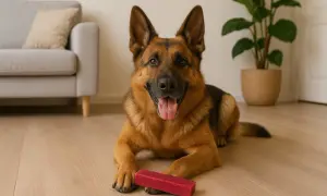 Owczarek niemiecki z czerwonym gryzakiem. Ser himalajski dla psa od jakiego wieku? Ten smakołyk jest idealny dla każdego psiaka, niezależnie od wieku.
