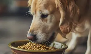 Złoty retriever z apetytem zajada miskę pełną chrupek, które mogą być świetną opcją jako kasza bulgur dla psa.