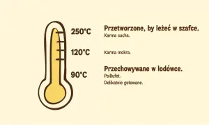 Termometr pokazuje, że gotowane jedzenie dla psa proporcje zależą od temperatury. Karma sucha 250°C, mokra 120°C, a delikatnie gotowane PsiBufet 90°C i do lodówki.
