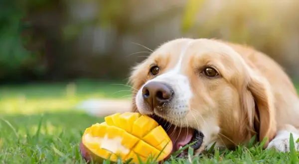 Złocisty piesek z apetytem gryzie soczyste mango. Czy pies może mango? Ten słodziak udowadnia, że tak!