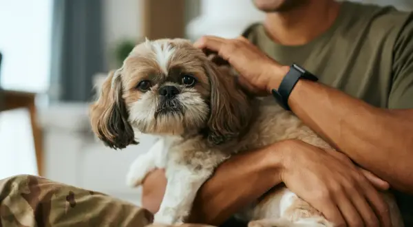 Miły Shih Tzu w ramionach mężczyzny. Zastanawiasz się, ile to ludzkich lat?