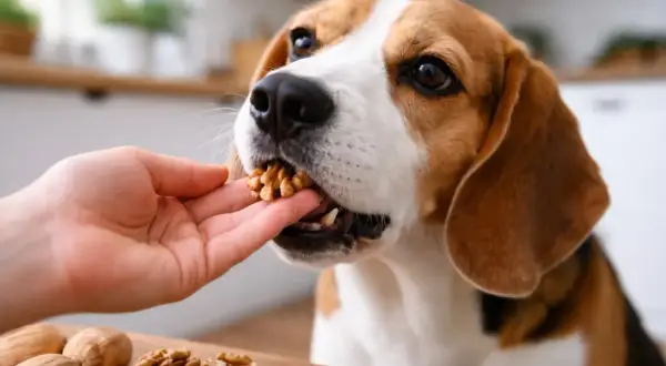 Beagle zjada orzechy włoskie z ręki. Pies zjadł łupiny orzecha włoskiego, ale to tylko smaczne kąski.