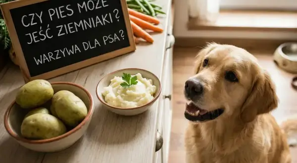 Złoty retriever z zaciekawieniem patrzy na miseczkę puree ziemniaczanego. Tabliczka pyta: "Czy pies może jeść ziemniaki?".