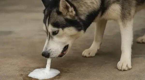 Husky pies wymiotuje wodą, tworząc pianę na ziemi.