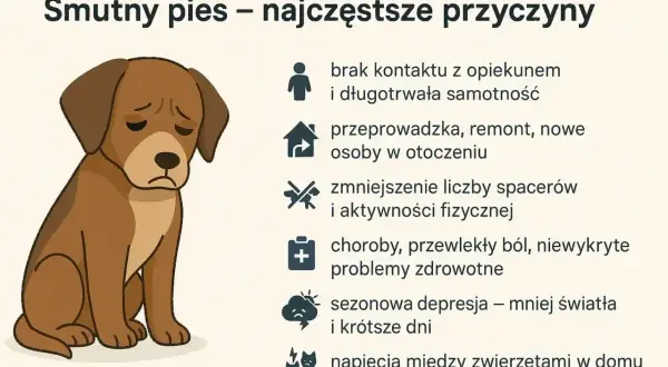 Ilustracja przedstawia smutnego psa, który może cierpieć na depresję. Przyczyny to m.in. samotność, zmiany w otoczeniu, brak ruchu, choroby.