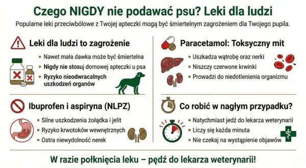 Leki przeciwbólowe dla psa mogą być śmiertelne. Nigdy nie podawaj psu leków dla ludzi, nawet w małych dawkach. W razie połknięcia leku, natychmiast udaj się do weterynarza.