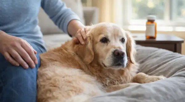 Złoty retriever leży na kanapie, głaskany przez właściciela. Obok stoi buteleczka leków, sugerująca rozważania o gabapentyna dla psa skutki uboczne.