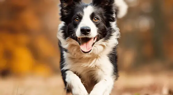 Szczęśliwy border collie pędzi przez jesienny las. Czy EPA i DHA to jego ulubione suplementy?