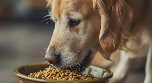 Złoty retriever z apetytem zajada miskę pełną chrupek, które mogą być świetną opcją jako kasza bulgur dla psa.