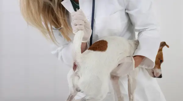 Weterynarz bada pęknięty gruczoł okołoodbytowy u psa.