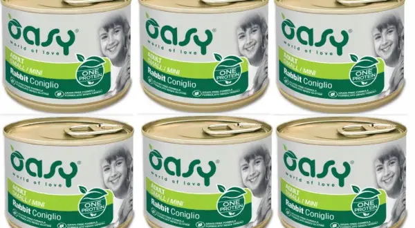 Sześć puszek karmy Oasy dla psa z królikiem. Bez zbóż i glutenu, dla dorosłych psów małych ras.
