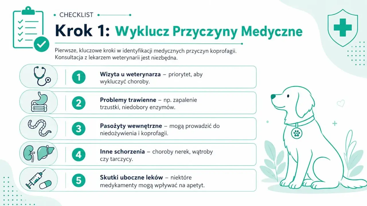 Lista kontrolna: Krok 1 - medyczne przyczyny nietrzymania kału u psa. Wizyta u weterynarza, problemy trawienne, pasożyty, schorzenia i skutki uboczne leków.