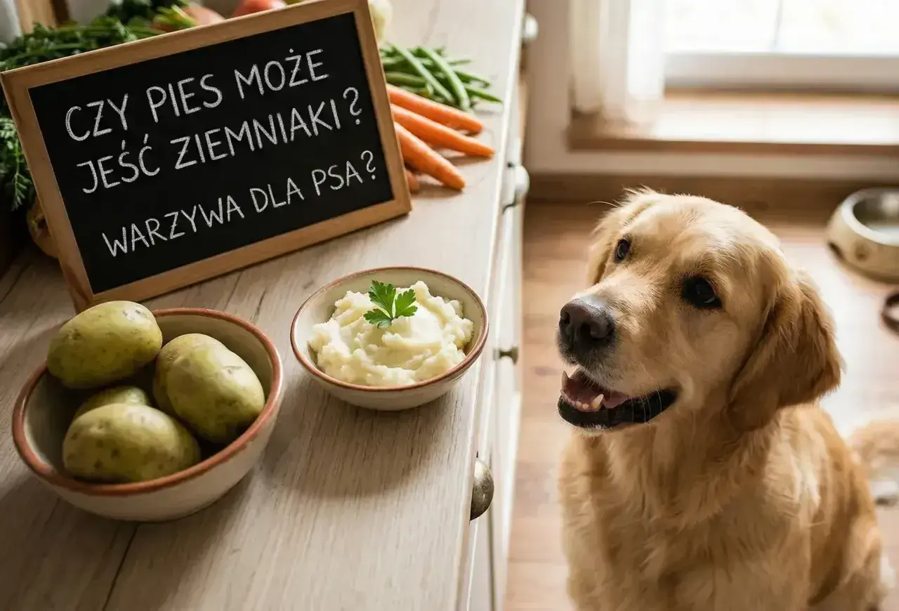 Złoty retriever z zaciekawieniem patrzy na miseczkę puree ziemniaczanego. Tabliczka pyta: "Czy pies może jeść ziemniaki?".