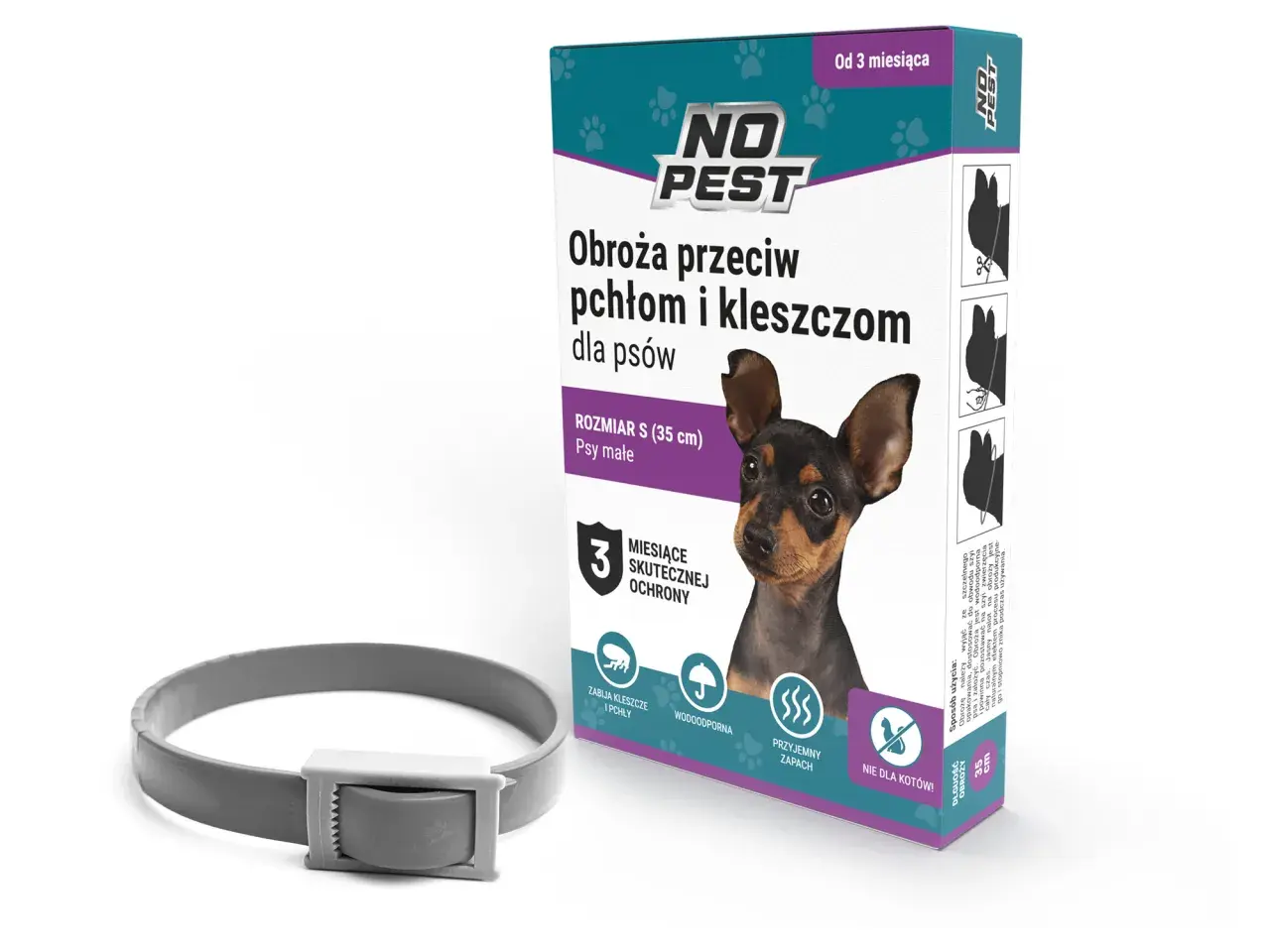 Szara obroża przeciw kleszczom dla psów, rozmiar S (35 cm), zapewnia 3 miesiące skutecznej ochrony.