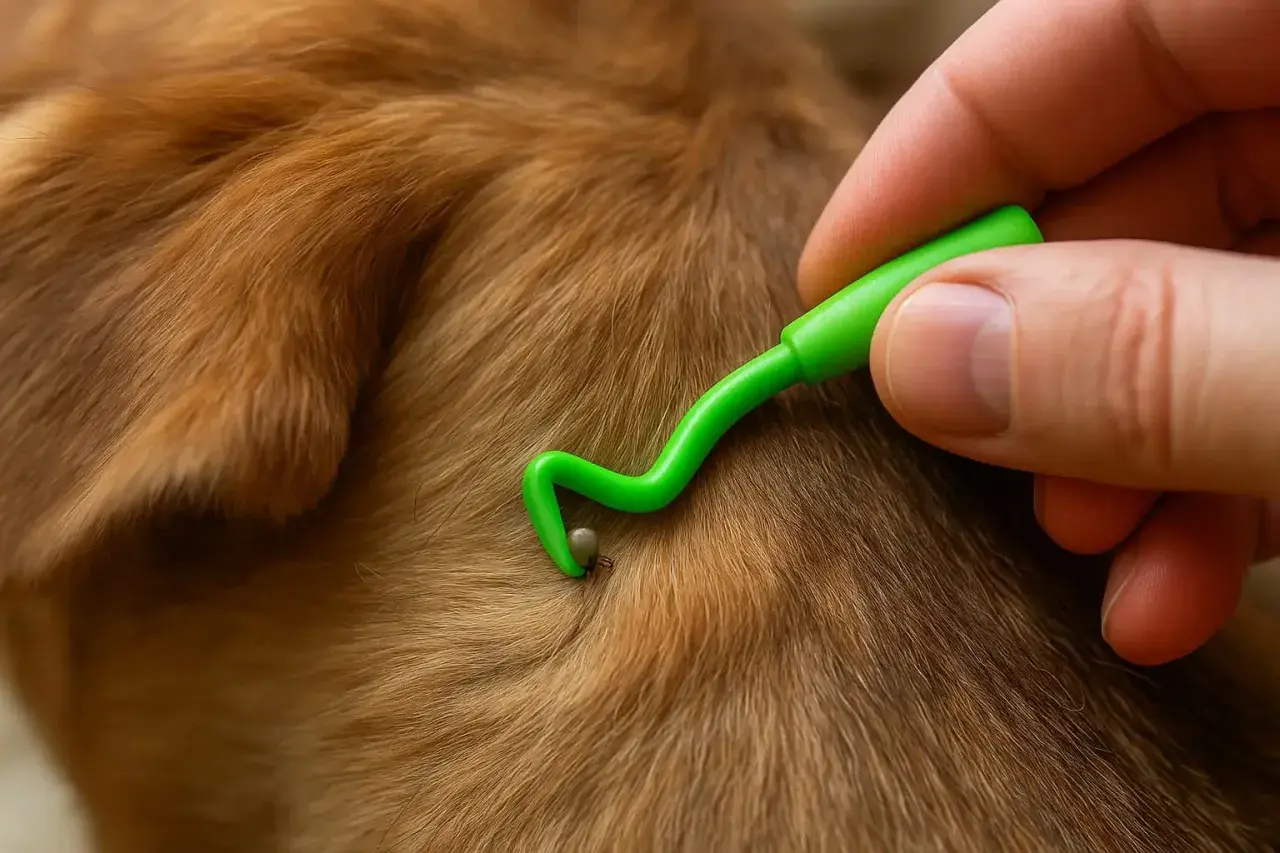 Usuwanie kleszcza za pomocą zielonego haczyka. Kleszcz przyczepił się do sierści psa, a narzędzie jest gotowe do jego usunięcia.