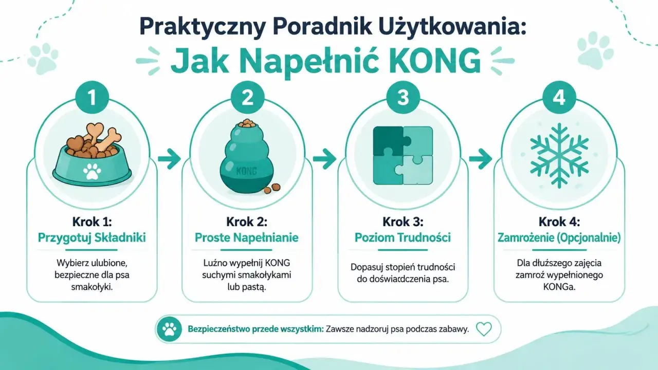Jak używać KONG dla psa: 1. Przygotuj smakołyki. 2. Luźno wypełnij zabawkę. 3. Dopasuj trudność. 4. Opcjonalnie zamroź.