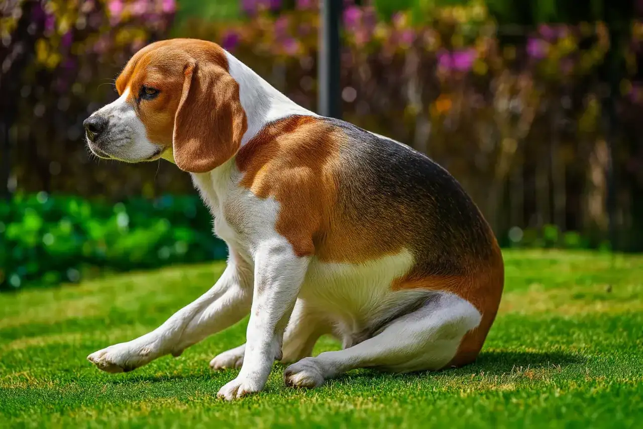 Beagle siedzi na trawie, zastanawiając się, dlaczego pies saneczkuje. Może coś go swędzi?