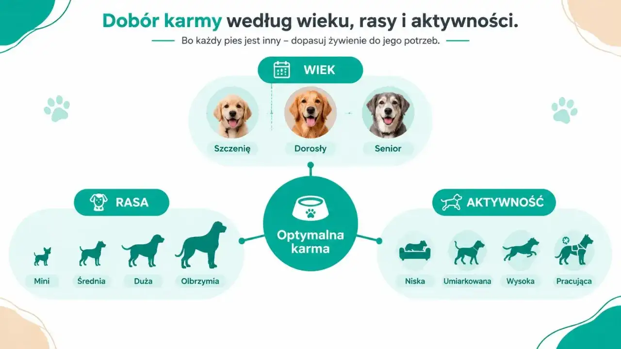 Wiek psa, jego rasa i poziom aktywności wpływają na dobór optymalnej karmy. Od szczenięcia po seniora, każdy pies ma inne potrzeby żywieniowe.