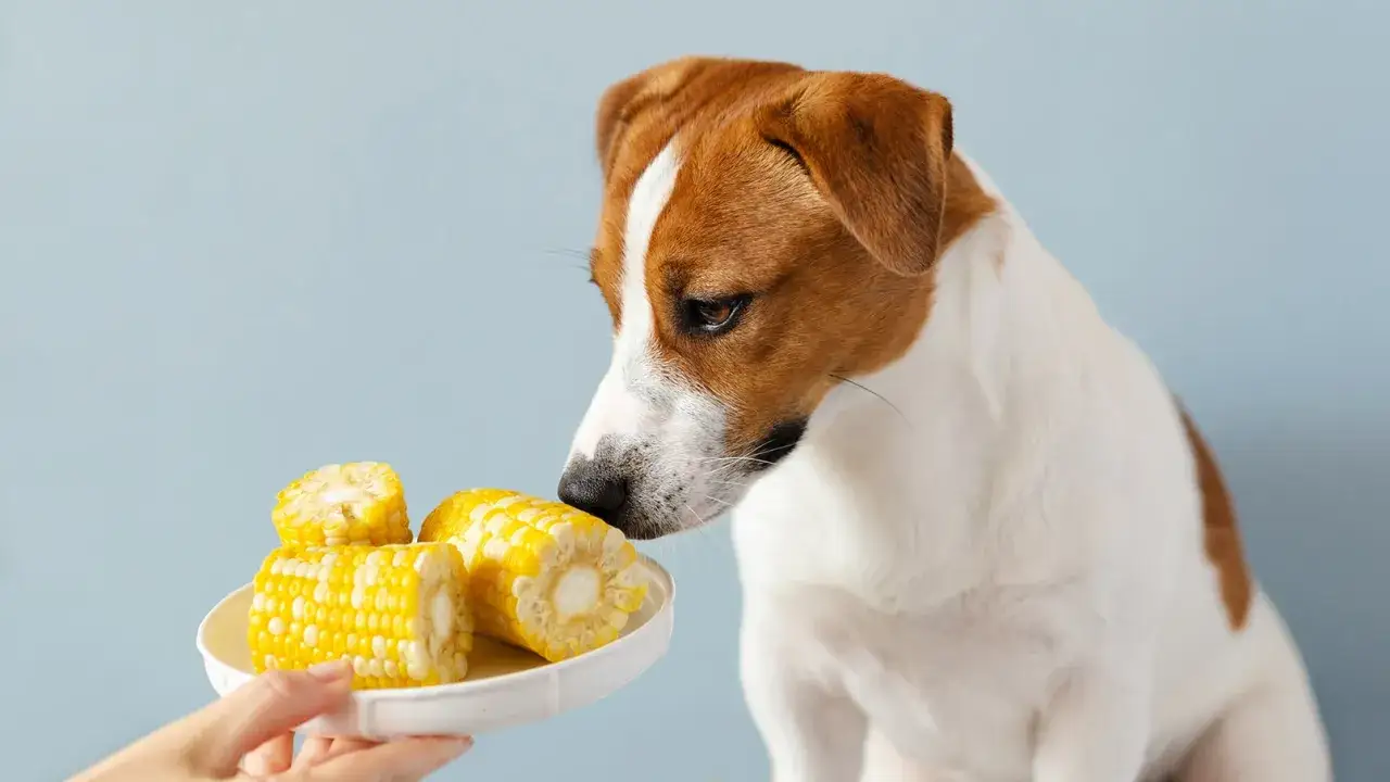 Czy pies może jeść kukurydzę? Jack Russell Terrier z zaciekawieniem wącha kolby kukurydzy podane na talerzyku.