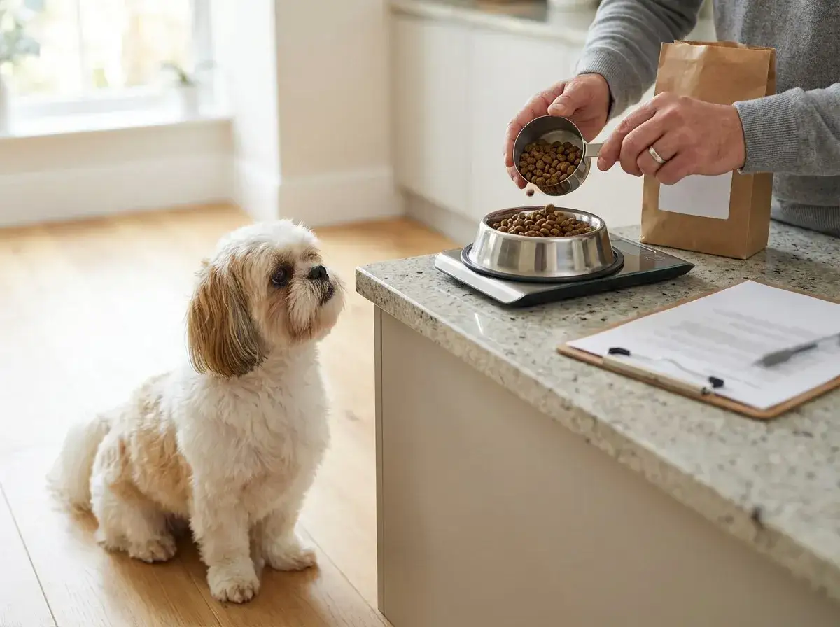 Uroczy shih tzu czeka na posiłek. Obok miska z karmą na wadze, dokumentacja i torba z jedzeniem. To idealna tabela żywienia shih tzu.