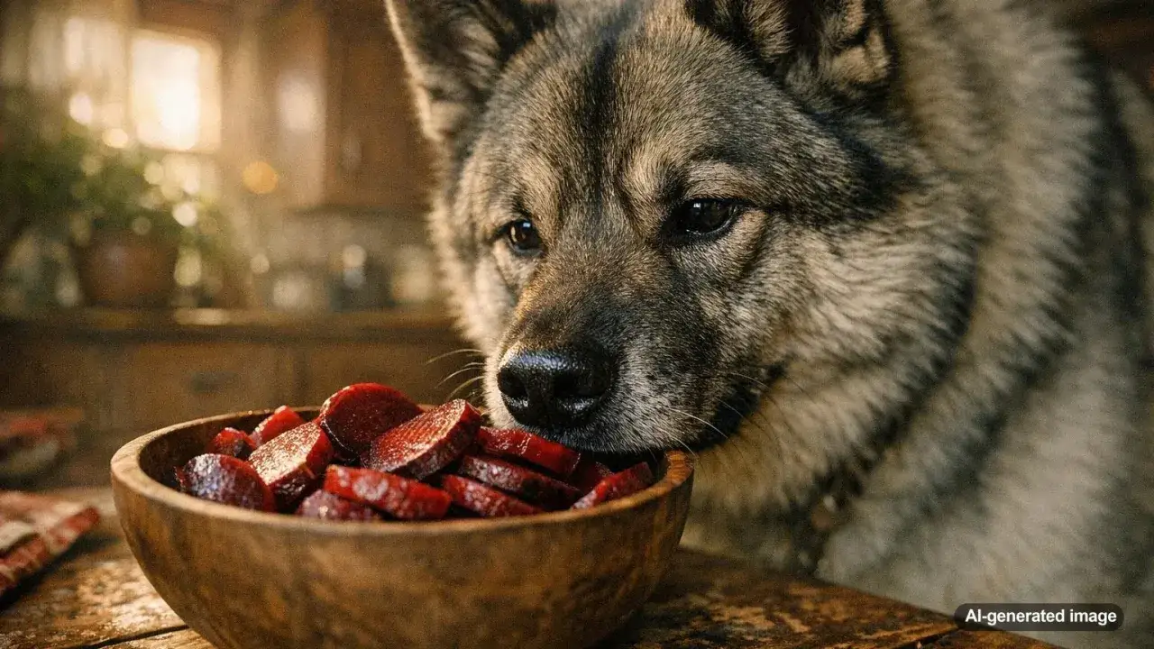 Pies z zaciekawieniem wpatruje się w miskę z burakami. Czy pies może jeść buraki? To pytanie nurtuje wielu właścicieli czworonogów.