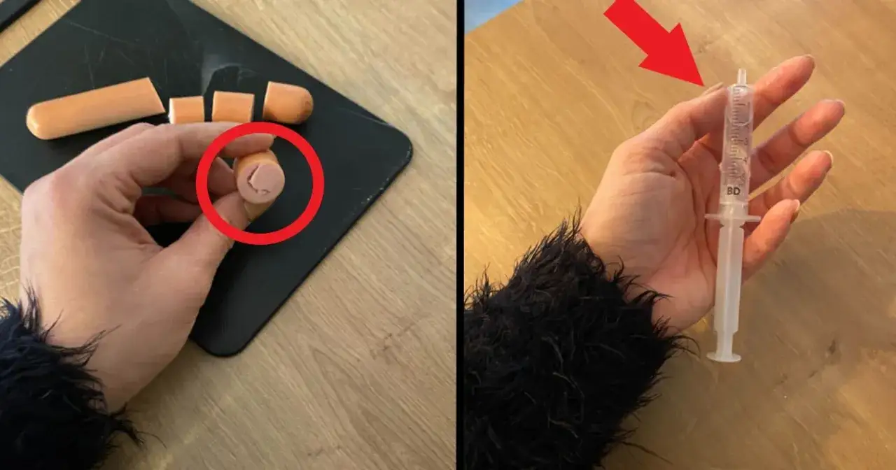 Jak podać psu tabletkę? Pokrojona par&oacute;wka z wgłębieniem na lek i strzykawka bez igły.