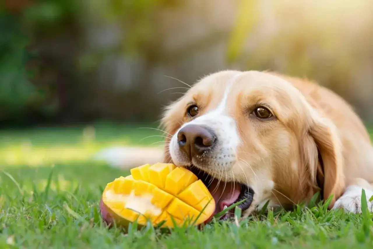 Złocisty piesek z apetytem gryzie soczyste mango. Czy pies może mango? Ten słodziak udowadnia, że tak!