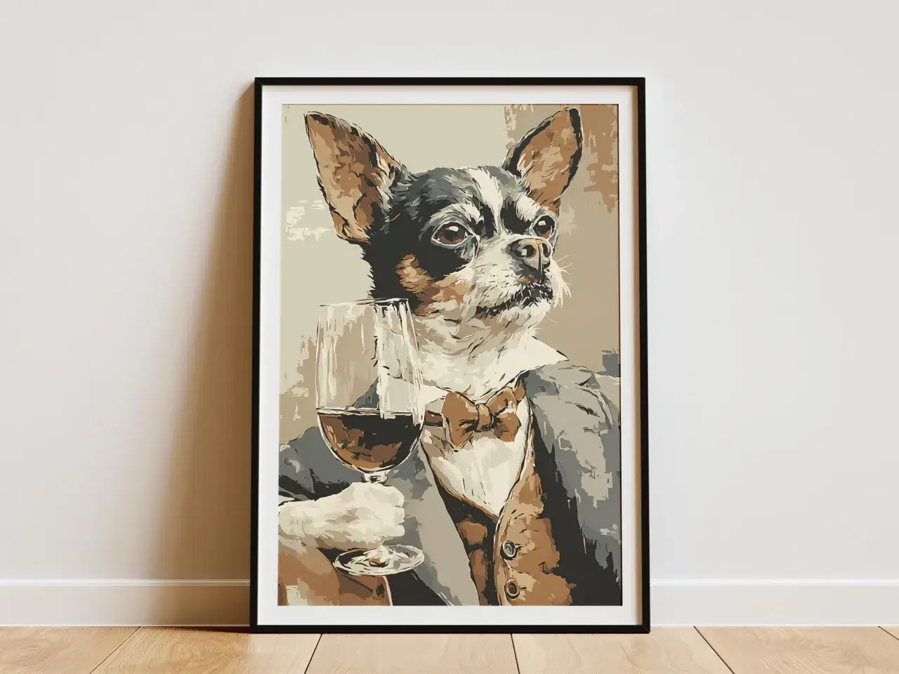 Elegancki chihuahua pies w garniturze trzyma kieliszek wina.