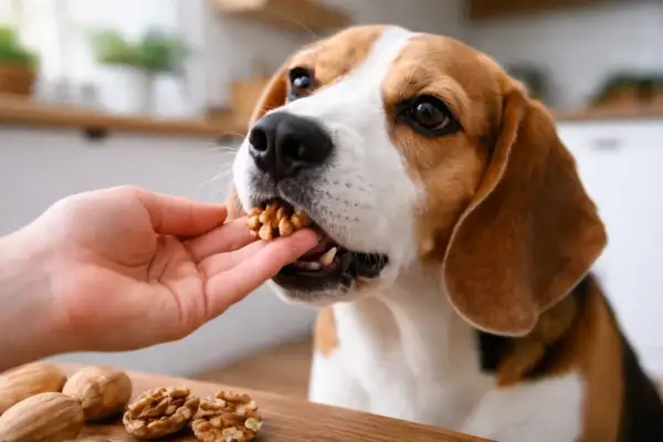 Beagle zjada orzechy włoskie z ręki. Pies zjadł łupiny orzecha włoskiego, ale to tylko smaczne kąski.