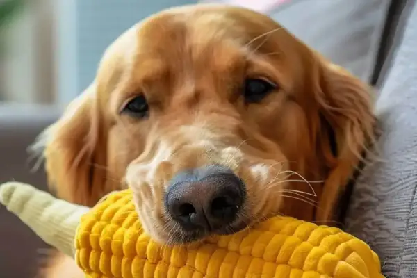 Złoty retriever z zabawką w kształcie kolby kukurydzy. Czy pies może jeść kukurydzę? Tak, ale z umiarem.