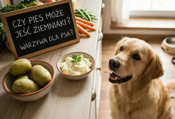 Złoty retriever z zaciekawieniem patrzy na miseczkę puree ziemniaczanego. Tabliczka pyta: "Czy pies może jeść ziemniaki?".