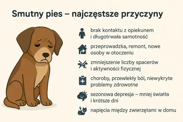 Ilustracja przedstawia smutnego psa, który może cierpieć na depresję. Przyczyny to m.in. samotność, zmiany w otoczeniu, brak ruchu, choroby.