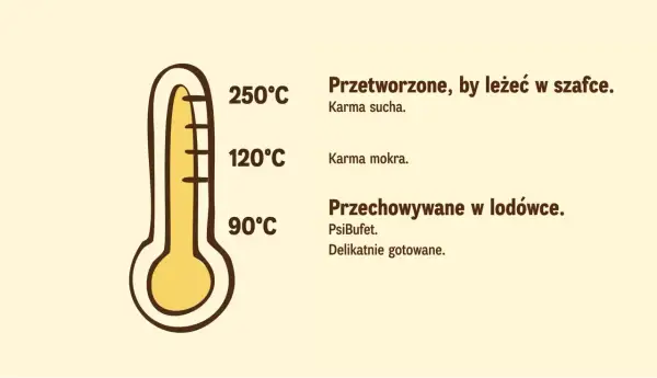 Termometr pokazuje, że gotowane jedzenie dla psa proporcje zależą od temperatury. Karma sucha 250°C, mokra 120°C, a delikatnie gotowane PsiBufet 90°C i do lodówki.