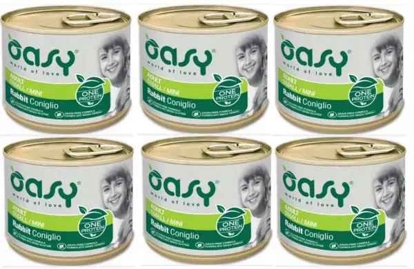 Sześć puszek karmy Oasy dla psa z królikiem. Bez zbóż i glutenu, dla dorosłych psów małych ras.